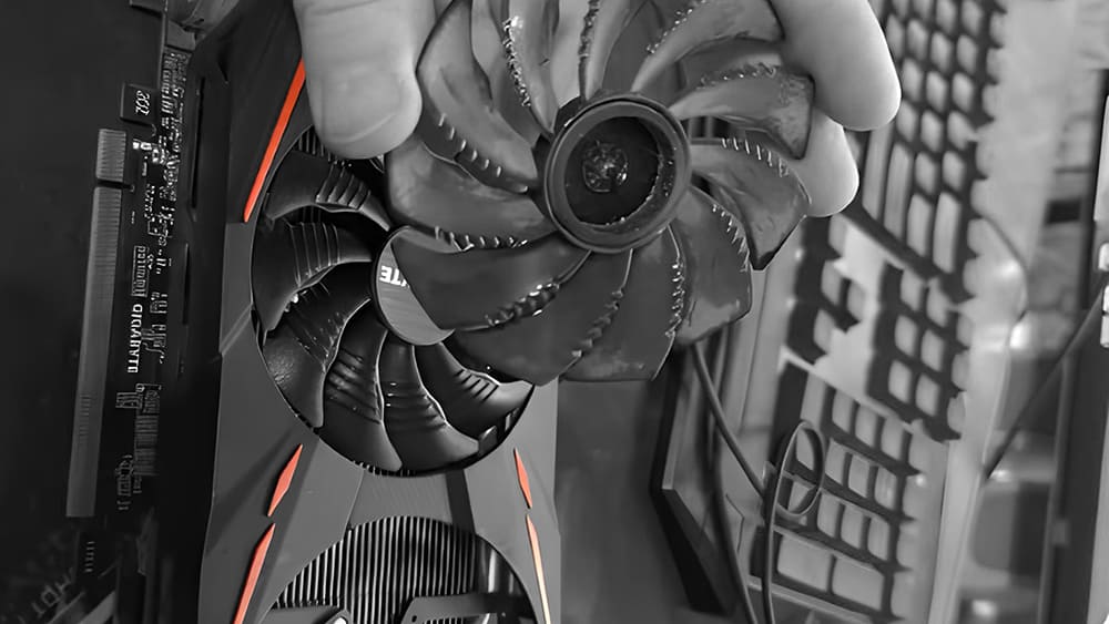 Специалист держит карту Gigabyte с двумя вентиляторами, один из которых имеет логотип.