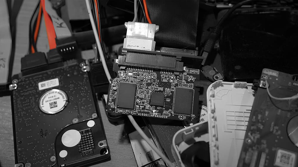 SSD-накопитель с видимой платой и чипами, подключенный к компьютеру для диагностики или ремонта.